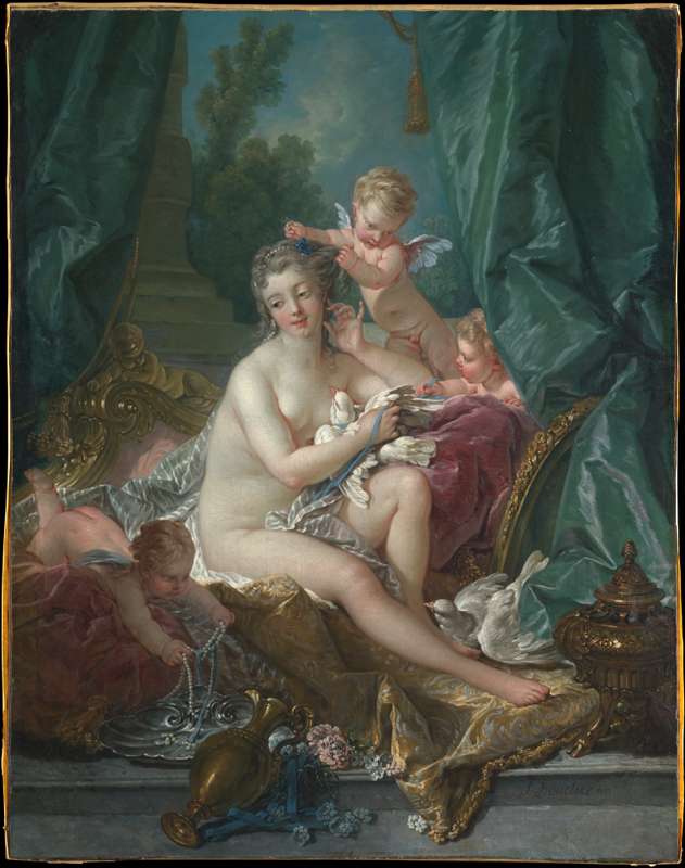 Boucher executed this painting for Madame de Pompadour, the powerful, official mistress of Louis XV and Boucher’s most significant patron for nearly two decades. It was originally inserted into the carved and painted wood-panel walls of her Château de Bellevue, the construction of which prompted many commissions that became textbook examples of Rococo art.