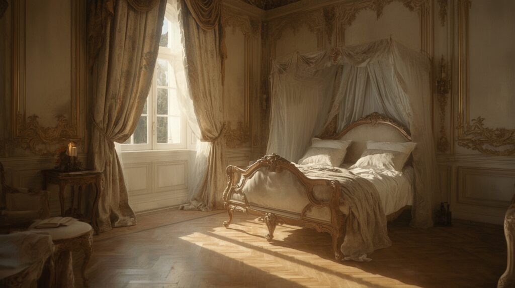 Lucid Realism a cinematic photo of Ultra realistic 18th centur 1 - Grand Boudoir Louis XV tables favored warmth over monumentality. Even when richly decorated, they were visually light.