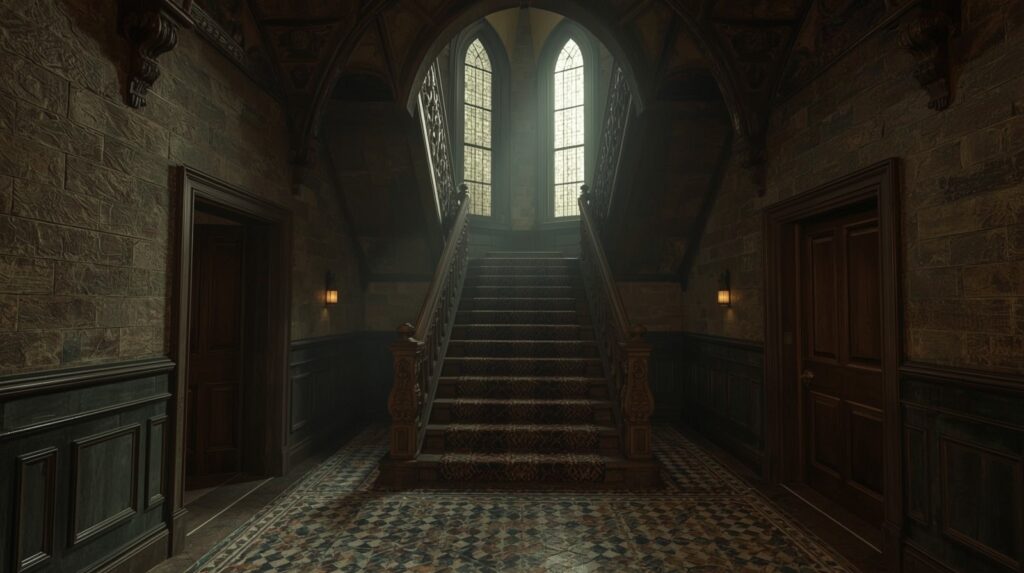 Material production also had a specific origin. The encaustic tile floors associated with the old gothic victorian house interior were largely manufactured by the Minton factory, whose patterned surfaces allowed industrial production to mimic medieval craft.