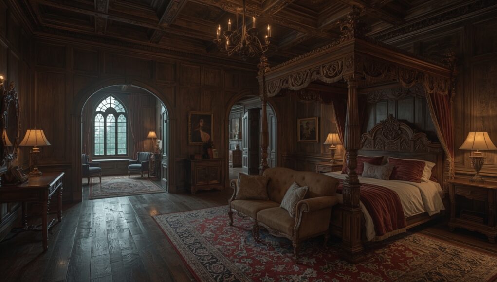 Ultra realistic gothic home sitting room, dark oak paneling with linenfold carving and Gothic arches, pointed arch doorway with carved surround leading to a hallway, textured random-width oak flooring with matte finish, filtered daylight through a set of leaded glass casement windows with stained glass borders casting colored light accents, layered furniture forming two distinct intimate seating areas—a sofa and chairs grouped around a carved wood fireplace, and a smaller window seat arrangement with cushions and side table, warm lamplight from floor lamps and table lamps balancing soft room shadows, layered textiles including velvet, wool, and a Persian rug, cinematic atmosphere, no people, photorealistic 8k textures. Ultra realistic gothic home sitting room, dark oak paneling with linenfold carving and Gothic arches, pointed arch doorway with carved surround leading to a hallway, textured random-width oak flooring with matte finish, filtered daylight through a set of leaded glass casement windows with stained glass borders casting colored light accents, layered furniture forming two distinct intimate seating areas—a sofa and chairs grouped around a carved wood fireplace, and a smaller window seat arrangement with cushions and side table, warm lamplight from floor lamps and table lamps balancing soft room shadows, layered textiles including velvet, wool, and a Persian rug, cinematic atmosphere, no people, photorealistic 8k textures.