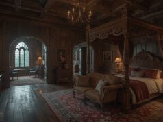 Gothic Home Interior: Living With Memory Instead Of Decoration Ultra realistic gothic home sitting room, dark oak paneling with linenfold carving and Gothic arches, pointed arch doorway with carved surround leading to a hallway, textured random-width oak flooring with matte finish, filtered daylight through a set of leaded glass casement windows with stained glass borders casting colored light accents, layered furniture forming two distinct intimate seating areas—a sofa and chairs grouped around a carved wood fireplace, and a smaller window seat arrangement with cushions and side table, warm lamplight from floor lamps and table lamps balancing soft room shadows, layered textiles including velvet, wool, and a Persian rug, cinematic atmosphere, no people, photorealistic 8k textures.