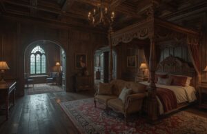 Gothic Home Interior: Living With Memory Instead Of Decoration Ultra realistic gothic home sitting room, dark oak paneling with linenfold carving and Gothic arches, pointed arch doorway with carved surround leading to a hallway, textured random-width oak flooring with matte finish, filtered daylight through a set of leaded glass casement windows with stained glass borders casting colored light accents, layered furniture forming two distinct intimate seating areas—a sofa and chairs grouped around a carved wood fireplace, and a smaller window seat arrangement with cushions and side table, warm lamplight from floor lamps and table lamps balancing soft room shadows, layered textiles including velvet, wool, and a Persian rug, cinematic atmosphere, no people, photorealistic 8k textures.