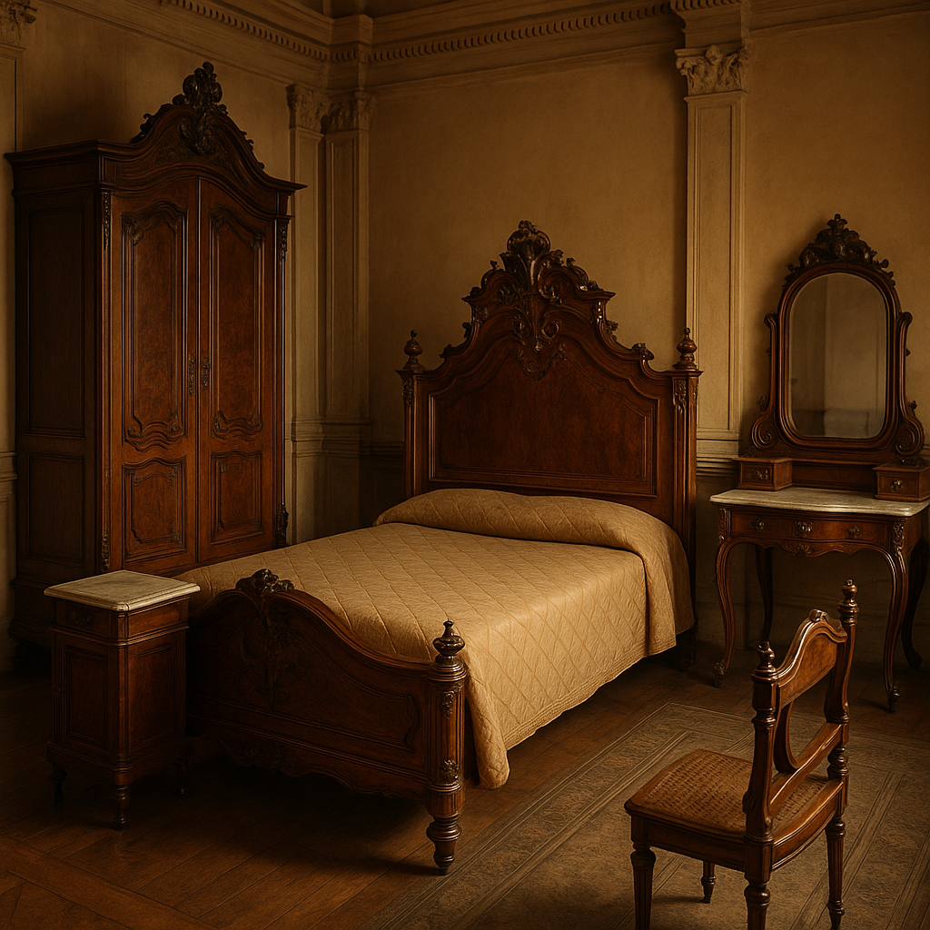 19th century antique bedroom furniture 1 - Grand Boudoir Across the 19th century, the bedroom shifts from a semi-public chamber to a private, carefully staged interior—part sanctuary, part social signal. As domestic life narrowed behind the door, furniture grew more specialized and more expressive: the bed became an architectural centerpiece, wardrobes expanded into statement pieces, dressing tables turned into ritual stations of grooming, and the modest nightstand emerged as a new companion to nocturnal privacy. In the Empire period, authority and order dominate. Beds adopt rectilinear, temple-like forms with bold veneers—often mahogany—punctuated by gilt mounts, paw feet, and classical motifs that announce taste and allegiance to imperial ideals. Victorian bedrooms, by contrast, revel in abundance: walnut and rosewood surfaces deepen in color, silhouettes thicken, and storage multiplies to match a culture of accumulation and propriety. Rococo Revival introduces a more theatrical intimacy—carved C-scrolls, shellwork, and asymmetry animate headboards and mirrored wardrobes, while marquetry and gilded ornament suggest leisure and cultivated femininity. By the early Art Nouveau moment, lines soften and begin to flow; floral symbolism and whiplash curves appear in carved panels and metal fittings, hinting at modernity without fully abandoning tradition. These stylistic shifts were made possible by formidable cabinetmaking skill. Period workshops combined hand-cut joinery with increasing mechanization: dovetails and mortise-and-tenon frames undergird veneered show surfaces; book-matched panels and careful grain selection elevate even utilitarian forms. Carving remained a mark of status—crisp acanthus on English pieces, more sensuous French reliefs, and Central European folk-inflected motifs on regional sets. Ornament carried meaning: laurels and urns spoke of virtue and lineage; roses and shells suggested romance and refinement; heavy architectural mass implied stability and moral seriousness. National differences are legible at a glance. French bedroom suites often prioritize elegance and display—lighter proportions, richer gilding, and more sculptural curves. English sets tend toward sober grandeur, favoring solid construction and darker woods, with ornament disciplined by symmetry. Central European examples frequently blend court fashions with local craftsmanship, producing distinctive combinations of carved detail, painted elements, and practical storage. For collectors today, authenticity rests in small truths: tool marks beneath polished surfaces, period-appropriate hardware, consistent oxidation in joints, and construction methods that align with the claimed date. Beware modern “antiqued” finishes, replaced backs, overly aggressive sanding that erases edges, and mismatched sets assembled to appear original. Restoration should be reversible and conservative—retain patina, repair rather than replace veneer, and match old finishes without making the piece look newly minted. Market value follows both fashion and condition: complete suites command premiums, as do documented provenance and rare woods like rosewood. Yet demand increasingly favors pieces that can live in modern homes—smaller wardrobes, adaptable dressing tables, and beds that can be sensitively converted to contemporary mattress sizes without sacrificing historical integrity.