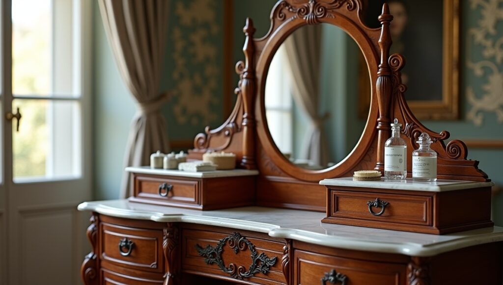 Flux Dev professional photo of 19th century antique dressing t 0 - Grand Boudoir Across eighteenth- and nineteenth‑century Europe, the simple act of adding a drawer transformed the table from a bare horizontal surface into a discreet container of private life. Writing tables housed correspondence and sealing wax, dressing tables concealed cosmetics and intimate accessories, while slender side and console tables near doors held keys, calling cards, and coins. These modest compartments altered daily routines, reorganised interiors, and encouraged new rituals of order, privacy, and display. From Georgian restrained elegance to the rich veneers of Empire and the curving exuberance of Victorian design, tables with drawers became barometers of taste and social aspiration. Cabinetmakers in London, Paris, Vienna, and beyond worked in mahogany, walnut, oak, and rosewood, refining drawer construction with hand‑cut dovetails, oak or deal linings, and runners worn smooth by centuries of use. Their craftsmanship is still legible in the quiet details: the weight of a solid oak drawer bottom, the faint irregularity of a hand‑filed brass handle, or the subtle ripples of planed timber beneath an old polish. For today’s collector, understanding these nuances is essential. The distinction between a writing table and a side table, between an original dressing table and one later “improved” with extra drawers, rests on reading proportions, construction methods, and wear patterns as closely as any archival document. Equally, restoration—too often heavy‑handed—can blur the very evidence that proves authenticity, from replaced drawer runners to over‑polished tops that erase the soft sheen of age. As demand grows for honest, usable antique furniture, genuine tables with intact drawers, sympathetic repairs, and untouched interiors are increasingly prized, not merely as decorative accents, but as historical witnesses to the evolving choreography of work, leisure, and privacy in the European home.