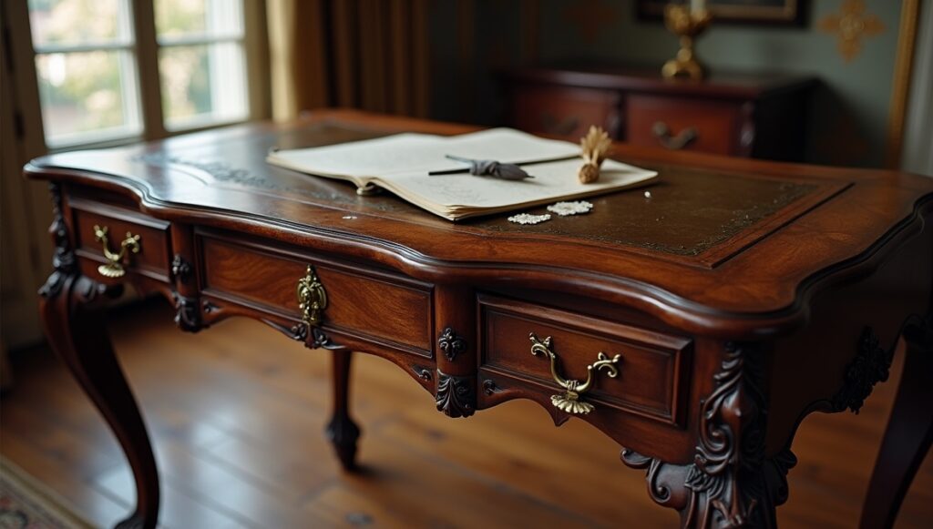 Flux Dev professional photo of 19th century antique writing ta 0 - Grand Boudoir Across eighteenth- and nineteenth‑century Europe, the simple act of adding a drawer transformed the table from a bare horizontal surface into a discreet container of private life. Writing tables housed correspondence and sealing wax, dressing tables concealed cosmetics and intimate accessories, while slender side and console tables near doors held keys, calling cards, and coins. These modest compartments altered daily routines, reorganised interiors, and encouraged new rituals of order, privacy, and display. From Georgian restrained elegance to the rich veneers of Empire and the curving exuberance of Victorian design, tables with drawers became barometers of taste and social aspiration. Cabinetmakers in London, Paris, Vienna, and beyond worked in mahogany, walnut, oak, and rosewood, refining drawer construction with hand‑cut dovetails, oak or deal linings, and runners worn smooth by centuries of use. Their craftsmanship is still legible in the quiet details: the weight of a solid oak drawer bottom, the faint irregularity of a hand‑filed brass handle, or the subtle ripples of planed timber beneath an old polish. For today’s collector, understanding these nuances is essential. The distinction between a writing table and a side table, between an original dressing table and one later “improved” with extra drawers, rests on reading proportions, construction methods, and wear patterns as closely as any archival document. Equally, restoration—too often heavy‑handed—can blur the very evidence that proves authenticity, from replaced drawer runners to over‑polished tops that erase the soft sheen of age. As demand grows for honest, usable antique furniture, genuine tables with intact drawers, sympathetic repairs, and untouched interiors are increasingly prized, not merely as decorative accents, but as historical witnesses to the evolving choreography of work, leisure, and privacy in the European home.
