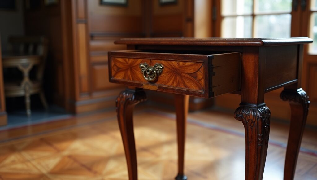 Flux Dev professional photo of Georgian antique side table wit 0 - Grand Boudoir Across eighteenth- and nineteenth‑century Europe, the simple act of adding a drawer transformed the table from a bare horizontal surface into a discreet container of private life. Writing tables housed correspondence and sealing wax, dressing tables concealed cosmetics and intimate accessories, while slender side and console tables near doors held keys, calling cards, and coins. These modest compartments altered daily routines, reorganised interiors, and encouraged new rituals of order, privacy, and display. From Georgian restrained elegance to the rich veneers of Empire and the curving exuberance of Victorian design, tables with drawers became barometers of taste and social aspiration. Cabinetmakers in London, Paris, Vienna, and beyond worked in mahogany, walnut, oak, and rosewood, refining drawer construction with hand‑cut dovetails, oak or deal linings, and runners worn smooth by centuries of use. Their craftsmanship is still legible in the quiet details: the weight of a solid oak drawer bottom, the faint irregularity of a hand‑filed brass handle, or the subtle ripples of planed timber beneath an old polish. For today’s collector, understanding these nuances is essential. The distinction between a writing table and a side table, between an original dressing table and one later “improved” with extra drawers, rests on reading proportions, construction methods, and wear patterns as closely as any archival document. Equally, restoration—too often heavy‑handed—can blur the very evidence that proves authenticity, from replaced drawer runners to over‑polished tops that erase the soft sheen of age. As demand grows for honest, usable antique furniture, genuine tables with intact drawers, sympathetic repairs, and untouched interiors are increasingly prized, not merely as decorative accents, but as historical witnesses to the evolving choreography of work, leisure, and privacy in the European home.