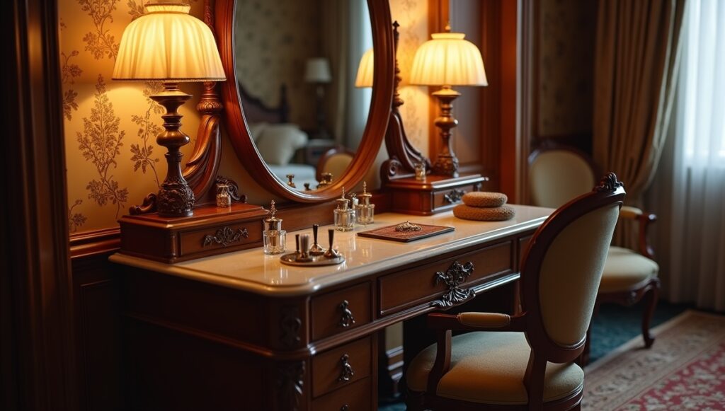 Flux Dev professional photo of Victorian era vanity table with 0 - Grand Boudoir Across the 19th century, the bedroom shifts from a semi-public chamber to a private, carefully staged interior—part sanctuary, part social signal. As domestic life narrowed behind the door, furniture grew more specialized and more expressive: the bed became an architectural centerpiece, wardrobes expanded into statement pieces, dressing tables turned into ritual stations of grooming, and the modest nightstand emerged as a new companion to nocturnal privacy. In the Empire period, authority and order dominate. Beds adopt rectilinear, temple-like forms with bold veneers—often mahogany—punctuated by gilt mounts, paw feet, and classical motifs that announce taste and allegiance to imperial ideals. Victorian bedrooms, by contrast, revel in abundance: walnut and rosewood surfaces deepen in color, silhouettes thicken, and storage multiplies to match a culture of accumulation and propriety. Rococo Revival introduces a more theatrical intimacy—carved C-scrolls, shellwork, and asymmetry animate headboards and mirrored wardrobes, while marquetry and gilded ornament suggest leisure and cultivated femininity. By the early Art Nouveau moment, lines soften and begin to flow; floral symbolism and whiplash curves appear in carved panels and metal fittings, hinting at modernity without fully abandoning tradition. These stylistic shifts were made possible by formidable cabinetmaking skill. Period workshops combined hand-cut joinery with increasing mechanization: dovetails and mortise-and-tenon frames undergird veneered show surfaces; book-matched panels and careful grain selection elevate even utilitarian forms. Carving remained a mark of status—crisp acanthus on English pieces, more sensuous French reliefs, and Central European folk-inflected motifs on regional sets. Ornament carried meaning: laurels and urns spoke of virtue and lineage; roses and shells suggested romance and refinement; heavy architectural mass implied stability and moral seriousness. National differences are legible at a glance. French bedroom suites often prioritize elegance and display—lighter proportions, richer gilding, and more sculptural curves. English sets tend toward sober grandeur, favoring solid construction and darker woods, with ornament disciplined by symmetry. Central European examples frequently blend court fashions with local craftsmanship, producing distinctive combinations of carved detail, painted elements, and practical storage. For collectors today, authenticity rests in small truths: tool marks beneath polished surfaces, period-appropriate hardware, consistent oxidation in joints, and construction methods that align with the claimed date. Beware modern “antiqued” finishes, replaced backs, overly aggressive sanding that erases edges, and mismatched sets assembled to appear original. Restoration should be reversible and conservative—retain patina, repair rather than replace veneer, and match old finishes without making the piece look newly minted. Market value follows both fashion and condition: complete suites command premiums, as do documented provenance and rare woods like rosewood. Yet demand increasingly favors pieces that can live in modern homes—smaller wardrobes, adaptable dressing tables, and beds that can be sensitively converted to contemporary mattress sizes without sacrificing historical integrity.