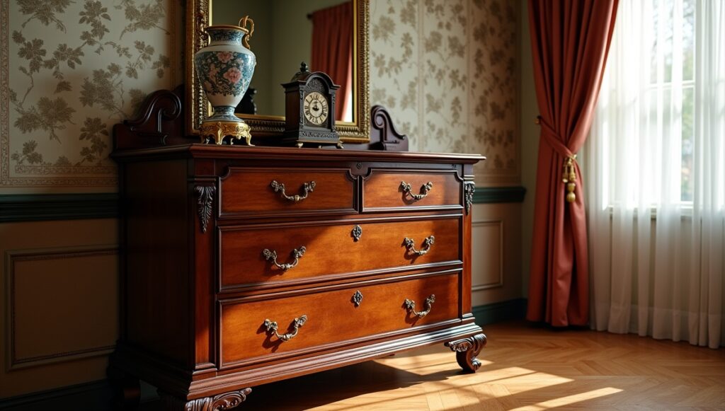 Flux Dev professional photo of antique Victorian chest of draw 0 1 - Grand Boudoir Across the 19th century, the bedroom shifts from a semi-public chamber to a private, carefully staged interior—part sanctuary, part social signal. As domestic life narrowed behind the door, furniture grew more specialized and more expressive: the bed became an architectural centerpiece, wardrobes expanded into statement pieces, dressing tables turned into ritual stations of grooming, and the modest nightstand emerged as a new companion to nocturnal privacy. In the Empire period, authority and order dominate. Beds adopt rectilinear, temple-like forms with bold veneers—often mahogany—punctuated by gilt mounts, paw feet, and classical motifs that announce taste and allegiance to imperial ideals. Victorian bedrooms, by contrast, revel in abundance: walnut and rosewood surfaces deepen in color, silhouettes thicken, and storage multiplies to match a culture of accumulation and propriety. Rococo Revival introduces a more theatrical intimacy—carved C-scrolls, shellwork, and asymmetry animate headboards and mirrored wardrobes, while marquetry and gilded ornament suggest leisure and cultivated femininity. By the early Art Nouveau moment, lines soften and begin to flow; floral symbolism and whiplash curves appear in carved panels and metal fittings, hinting at modernity without fully abandoning tradition. These stylistic shifts were made possible by formidable cabinetmaking skill. Period workshops combined hand-cut joinery with increasing mechanization: dovetails and mortise-and-tenon frames undergird veneered show surfaces; book-matched panels and careful grain selection elevate even utilitarian forms. Carving remained a mark of status—crisp acanthus on English pieces, more sensuous French reliefs, and Central European folk-inflected motifs on regional sets. Ornament carried meaning: laurels and urns spoke of virtue and lineage; roses and shells suggested romance and refinement; heavy architectural mass implied stability and moral seriousness. National differences are legible at a glance. French bedroom suites often prioritize elegance and display—lighter proportions, richer gilding, and more sculptural curves. English sets tend toward sober grandeur, favoring solid construction and darker woods, with ornament disciplined by symmetry. Central European examples frequently blend court fashions with local craftsmanship, producing distinctive combinations of carved detail, painted elements, and practical storage. For collectors today, authenticity rests in small truths: tool marks beneath polished surfaces, period-appropriate hardware, consistent oxidation in joints, and construction methods that align with the claimed date. Beware modern “antiqued” finishes, replaced backs, overly aggressive sanding that erases edges, and mismatched sets assembled to appear original. Restoration should be reversible and conservative—retain patina, repair rather than replace veneer, and match old finishes without making the piece look newly minted. Market value follows both fashion and condition: complete suites command premiums, as do documented provenance and rare woods like rosewood. Yet demand increasingly favors pieces that can live in modern homes—smaller wardrobes, adaptable dressing tables, and beds that can be sensitively converted to contemporary mattress sizes without sacrificing historical integrity.