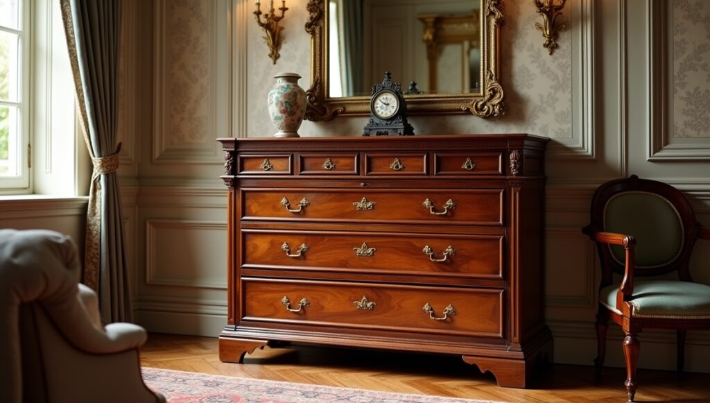 Flux Dev professional photo of antique Victorian chest of draw 0 - Grand Boudoir Across the 19th century, the bedroom shifts from a semi-public chamber to a private, carefully staged interior—part sanctuary, part social signal. As domestic life narrowed behind the door, furniture grew more specialized and more expressive: the bed became an architectural centerpiece, wardrobes expanded into statement pieces, dressing tables turned into ritual stations of grooming, and the modest nightstand emerged as a new companion to nocturnal privacy. In the Empire period, authority and order dominate. Beds adopt rectilinear, temple-like forms with bold veneers—often mahogany—punctuated by gilt mounts, paw feet, and classical motifs that announce taste and allegiance to imperial ideals. Victorian bedrooms, by contrast, revel in abundance: walnut and rosewood surfaces deepen in color, silhouettes thicken, and storage multiplies to match a culture of accumulation and propriety. Rococo Revival introduces a more theatrical intimacy—carved C-scrolls, shellwork, and asymmetry animate headboards and mirrored wardrobes, while marquetry and gilded ornament suggest leisure and cultivated femininity. By the early Art Nouveau moment, lines soften and begin to flow; floral symbolism and whiplash curves appear in carved panels and metal fittings, hinting at modernity without fully abandoning tradition. These stylistic shifts were made possible by formidable cabinetmaking skill. Period workshops combined hand-cut joinery with increasing mechanization: dovetails and mortise-and-tenon frames undergird veneered show surfaces; book-matched panels and careful grain selection elevate even utilitarian forms. Carving remained a mark of status—crisp acanthus on English pieces, more sensuous French reliefs, and Central European folk-inflected motifs on regional sets. Ornament carried meaning: laurels and urns spoke of virtue and lineage; roses and shells suggested romance and refinement; heavy architectural mass implied stability and moral seriousness. National differences are legible at a glance. French bedroom suites often prioritize elegance and display—lighter proportions, richer gilding, and more sculptural curves. English sets tend toward sober grandeur, favoring solid construction and darker woods, with ornament disciplined by symmetry. Central European examples frequently blend court fashions with local craftsmanship, producing distinctive combinations of carved detail, painted elements, and practical storage. For collectors today, authenticity rests in small truths: tool marks beneath polished surfaces, period-appropriate hardware, consistent oxidation in joints, and construction methods that align with the claimed date. Beware modern “antiqued” finishes, replaced backs, overly aggressive sanding that erases edges, and mismatched sets assembled to appear original. Restoration should be reversible and conservative—retain patina, repair rather than replace veneer, and match old finishes without making the piece look newly minted. Market value follows both fashion and condition: complete suites command premiums, as do documented provenance and rare woods like rosewood. Yet demand increasingly favors pieces that can live in modern homes—smaller wardrobes, adaptable dressing tables, and beds that can be sensitively converted to contemporary mattress sizes without sacrificing historical integrity.