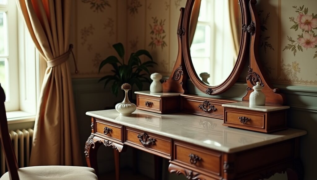 Flux Dev professional photo of authentic 19th century Victoria 0 - Grand Boudoir Across the 19th century, the bedroom shifts from a semi-public chamber to a private, carefully staged interior—part sanctuary, part social signal. As domestic life narrowed behind the door, furniture grew more specialized and more expressive: the bed became an architectural centerpiece, wardrobes expanded into statement pieces, dressing tables turned into ritual stations of grooming, and the modest nightstand emerged as a new companion to nocturnal privacy. In the Empire period, authority and order dominate. Beds adopt rectilinear, temple-like forms with bold veneers—often mahogany—punctuated by gilt mounts, paw feet, and classical motifs that announce taste and allegiance to imperial ideals. Victorian bedrooms, by contrast, revel in abundance: walnut and rosewood surfaces deepen in color, silhouettes thicken, and storage multiplies to match a culture of accumulation and propriety. Rococo Revival introduces a more theatrical intimacy—carved C-scrolls, shellwork, and asymmetry animate headboards and mirrored wardrobes, while marquetry and gilded ornament suggest leisure and cultivated femininity. By the early Art Nouveau moment, lines soften and begin to flow; floral symbolism and whiplash curves appear in carved panels and metal fittings, hinting at modernity without fully abandoning tradition. These stylistic shifts were made possible by formidable cabinetmaking skill. Period workshops combined hand-cut joinery with increasing mechanization: dovetails and mortise-and-tenon frames undergird veneered show surfaces; book-matched panels and careful grain selection elevate even utilitarian forms. Carving remained a mark of status—crisp acanthus on English pieces, more sensuous French reliefs, and Central European folk-inflected motifs on regional sets. Ornament carried meaning: laurels and urns spoke of virtue and lineage; roses and shells suggested romance and refinement; heavy architectural mass implied stability and moral seriousness. National differences are legible at a glance. French bedroom suites often prioritize elegance and display—lighter proportions, richer gilding, and more sculptural curves. English sets tend toward sober grandeur, favoring solid construction and darker woods, with ornament disciplined by symmetry. Central European examples frequently blend court fashions with local craftsmanship, producing distinctive combinations of carved detail, painted elements, and practical storage. For collectors today, authenticity rests in small truths: tool marks beneath polished surfaces, period-appropriate hardware, consistent oxidation in joints, and construction methods that align with the claimed date. Beware modern “antiqued” finishes, replaced backs, overly aggressive sanding that erases edges, and mismatched sets assembled to appear original. Restoration should be reversible and conservative—retain patina, repair rather than replace veneer, and match old finishes without making the piece look newly minted. Market value follows both fashion and condition: complete suites command premiums, as do documented provenance and rare woods like rosewood. Yet demand increasingly favors pieces that can live in modern homes—smaller wardrobes, adaptable dressing tables, and beds that can be sensitively converted to contemporary mattress sizes without sacrificing historical integrity.