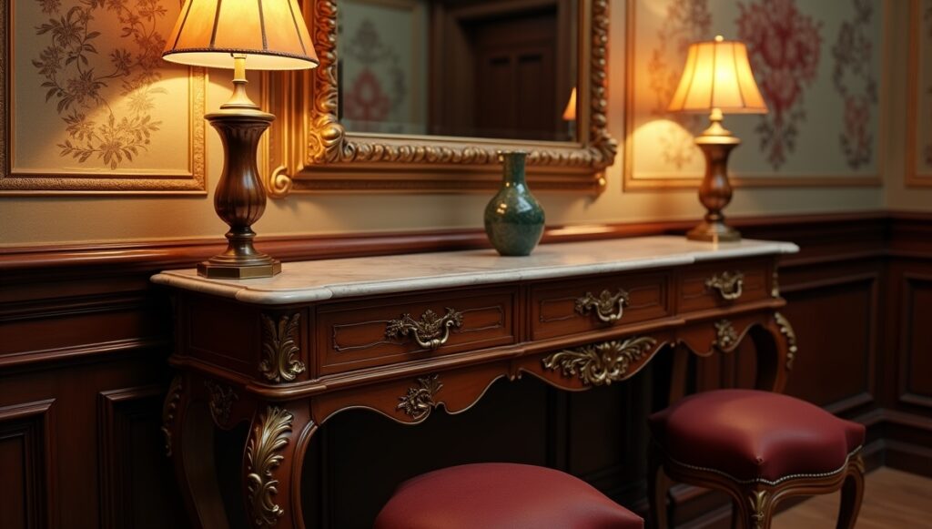 Flux Dev professional photo of elegant antique console table w 0 - Grand Boudoir Across eighteenth- and nineteenth‑century Europe, the simple act of adding a drawer transformed the table from a bare horizontal surface into a discreet container of private life. Writing tables housed correspondence and sealing wax, dressing tables concealed cosmetics and intimate accessories, while slender side and console tables near doors held keys, calling cards, and coins. These modest compartments altered daily routines, reorganised interiors, and encouraged new rituals of order, privacy, and display. From Georgian restrained elegance to the rich veneers of Empire and the curving exuberance of Victorian design, tables with drawers became barometers of taste and social aspiration. Cabinetmakers in London, Paris, Vienna, and beyond worked in mahogany, walnut, oak, and rosewood, refining drawer construction with hand‑cut dovetails, oak or deal linings, and runners worn smooth by centuries of use. Their craftsmanship is still legible in the quiet details: the weight of a solid oak drawer bottom, the faint irregularity of a hand‑filed brass handle, or the subtle ripples of planed timber beneath an old polish. For today’s collector, understanding these nuances is essential. The distinction between a writing table and a side table, between an original dressing table and one later “improved” with extra drawers, rests on reading proportions, construction methods, and wear patterns as closely as any archival document. Equally, restoration—too often heavy‑handed—can blur the very evidence that proves authenticity, from replaced drawer runners to over‑polished tops that erase the soft sheen of age. As demand grows for honest, usable antique furniture, genuine tables with intact drawers, sympathetic repairs, and untouched interiors are increasingly prized, not merely as decorative accents, but as historical witnesses to the evolving choreography of work, leisure, and privacy in the European home.