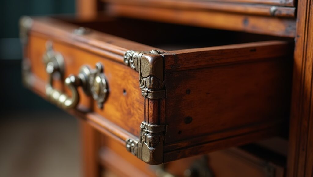 Flux Dev professional photo of extreme closeup of an antique w 0 - Grand Boudoir Across eighteenth- and nineteenth‑century Europe, the simple act of adding a drawer transformed the table from a bare horizontal surface into a discreet container of private life. Writing tables housed correspondence and sealing wax, dressing tables concealed cosmetics and intimate accessories, while slender side and console tables near doors held keys, calling cards, and coins. These modest compartments altered daily routines, reorganised interiors, and encouraged new rituals of order, privacy, and display. From Georgian restrained elegance to the rich veneers of Empire and the curving exuberance of Victorian design, tables with drawers became barometers of taste and social aspiration. Cabinetmakers in London, Paris, Vienna, and beyond worked in mahogany, walnut, oak, and rosewood, refining drawer construction with hand‑cut dovetails, oak or deal linings, and runners worn smooth by centuries of use. Their craftsmanship is still legible in the quiet details: the weight of a solid oak drawer bottom, the faint irregularity of a hand‑filed brass handle, or the subtle ripples of planed timber beneath an old polish. For today’s collector, understanding these nuances is essential. The distinction between a writing table and a side table, between an original dressing table and one later “improved” with extra drawers, rests on reading proportions, construction methods, and wear patterns as closely as any archival document. Equally, restoration—too often heavy‑handed—can blur the very evidence that proves authenticity, from replaced drawer runners to over‑polished tops that erase the soft sheen of age. As demand grows for honest, usable antique furniture, genuine tables with intact drawers, sympathetic repairs, and untouched interiors are increasingly prized, not merely as decorative accents, but as historical witnesses to the evolving choreography of work, leisure, and privacy in the European home.