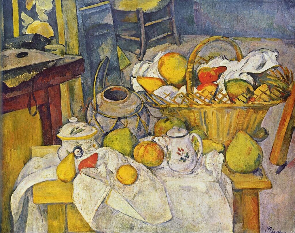 In Paul Cézanne’s still life paintings, humble apples, bottles, and folded linens become a laboratory for modern vision. Returning to still life throughout his career, Cézanne found in these quiet arrangements a subject that would not move, argue back, or flatter the eye—only reveal its structure with time. He abandoned the smooth certainties of traditional realism and instead staged a subtle crisis of space: tabletops tip forward, perspectives refuse to align, and every plate or fruit bowl seems carefully weighed against its neighbor as if composition were a form of archaeology. These works are built less by chiaroscuro than by patches of color and disciplined brushstrokes that model volume through modulation, not illusion. In masterpieces such as *The Basket of Apples* and *Still Life with Apples and a Pot of Primroses*, the familiar becomes strange and newly authoritative—geometry emerging from pears, tension rising from a rumpled cloth. It is precisely this measured instability that later captivated Picasso and Braque, who recognized in Cézanne’s fruit a bridge between classical order and the coming fracture of Cubism. Today, anchored in major museum collections and coveted on the art market, Cézanne’s still lifes remain a turning point: antiques of everyday life that quietly invented modern abstraction.