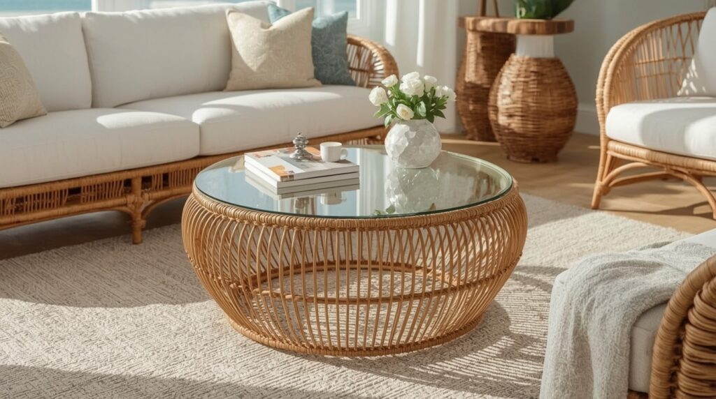 Lucid Realism retro style photography of Photorealistic coasta 0 - Grand Boudoir Why Everyone’s Hunting This Vintage Rattan Coffee Table With Glass Top