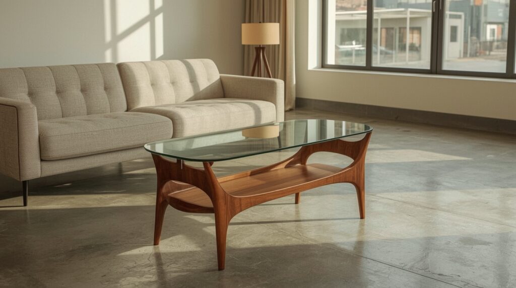 Lucid Realism retro style photography of Photorealistic modern 0 - Grand Boudoir This Vintage Wood and Glass Coffee Table Makes Any Room Look Expensive