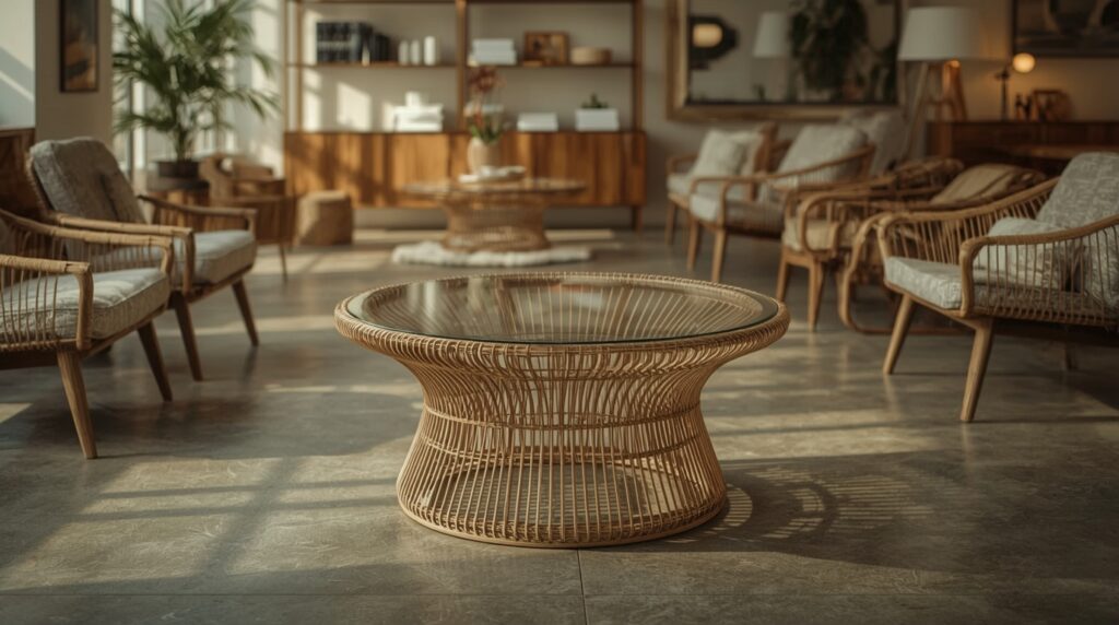 Lucid Realism retro style photography of Ultra realistic vinta 0 1 - Grand Boudoir Discover why a vintage rattan coffee table with glass top is the chic retro centerpiece designers swear by—plus tips to spot rare finds.
