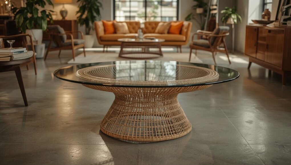 Vintage Rattan Coffee Table With Glass Top(1) Vintage Rattan Coffee Table With Glass Top