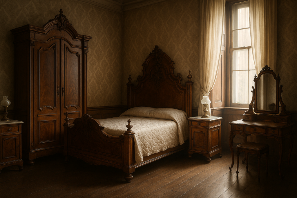 authentic 19th century bedroom interior - Grand Boudoir Across the 19th century, the bedroom shifts from a semi-public chamber to a private, carefully staged interior—part sanctuary, part social signal. As domestic life narrowed behind the door, furniture grew more specialized and more expressive: the bed became an architectural centerpiece, wardrobes expanded into statement pieces, dressing tables turned into ritual stations of grooming, and the modest nightstand emerged as a new companion to nocturnal privacy. In the Empire period, authority and order dominate. Beds adopt rectilinear, temple-like forms with bold veneers—often mahogany—punctuated by gilt mounts, paw feet, and classical motifs that announce taste and allegiance to imperial ideals. Victorian bedrooms, by contrast, revel in abundance: walnut and rosewood surfaces deepen in color, silhouettes thicken, and storage multiplies to match a culture of accumulation and propriety. Rococo Revival introduces a more theatrical intimacy—carved C-scrolls, shellwork, and asymmetry animate headboards and mirrored wardrobes, while marquetry and gilded ornament suggest leisure and cultivated femininity. By the early Art Nouveau moment, lines soften and begin to flow; floral symbolism and whiplash curves appear in carved panels and metal fittings, hinting at modernity without fully abandoning tradition. These stylistic shifts were made possible by formidable cabinetmaking skill. Period workshops combined hand-cut joinery with increasing mechanization: dovetails and mortise-and-tenon frames undergird veneered show surfaces; book-matched panels and careful grain selection elevate even utilitarian forms. Carving remained a mark of status—crisp acanthus on English pieces, more sensuous French reliefs, and Central European folk-inflected motifs on regional sets. Ornament carried meaning: laurels and urns spoke of virtue and lineage; roses and shells suggested romance and refinement; heavy architectural mass implied stability and moral seriousness. National differences are legible at a glance. French bedroom suites often prioritize elegance and display—lighter proportions, richer gilding, and more sculptural curves. English sets tend toward sober grandeur, favoring solid construction and darker woods, with ornament disciplined by symmetry. Central European examples frequently blend court fashions with local craftsmanship, producing distinctive combinations of carved detail, painted elements, and practical storage. For collectors today, authenticity rests in small truths: tool marks beneath polished surfaces, period-appropriate hardware, consistent oxidation in joints, and construction methods that align with the claimed date. Beware modern “antiqued” finishes, replaced backs, overly aggressive sanding that erases edges, and mismatched sets assembled to appear original. Restoration should be reversible and conservative—retain patina, repair rather than replace veneer, and match old finishes without making the piece look newly minted. Market value follows both fashion and condition: complete suites command premiums, as do documented provenance and rare woods like rosewood. Yet demand increasingly favors pieces that can live in modern homes—smaller wardrobes, adaptable dressing tables, and beds that can be sensitively converted to contemporary mattress sizes without sacrificing historical integrity.