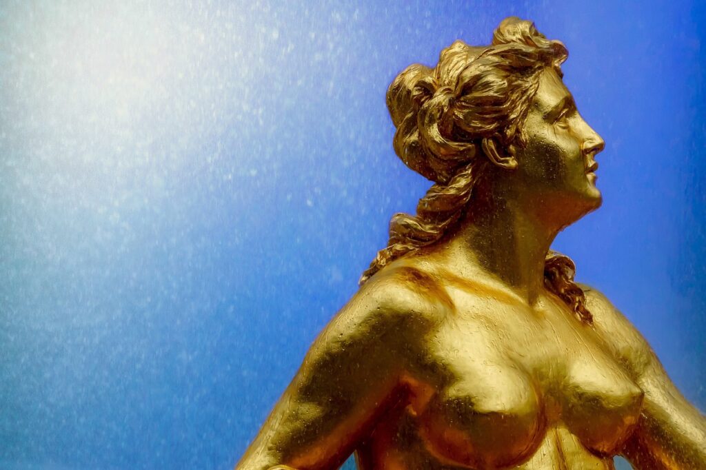 Rococo Reveries 3 - Grand Boudoir woman, venus, sensual, female, body, nature, figure, statue, sculpture, fountain, golden, brass, water feature, castle park, water, park, castle, baroque, rococo, gorgeous, historical