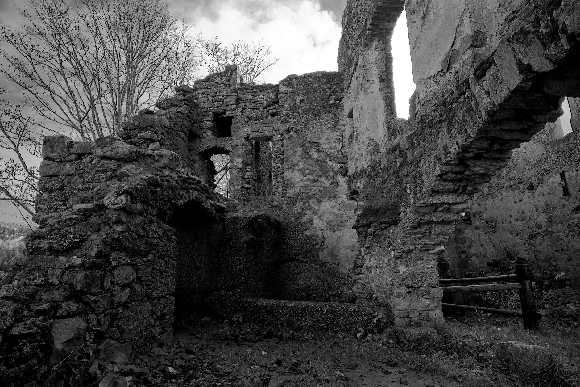 Within Stone and Shadow The Enduring Spell of Castle Interiors 5 - Grand Boudoir Black and white photo of ancient stone ruins in Schönau im Mühlkreis, Austria.