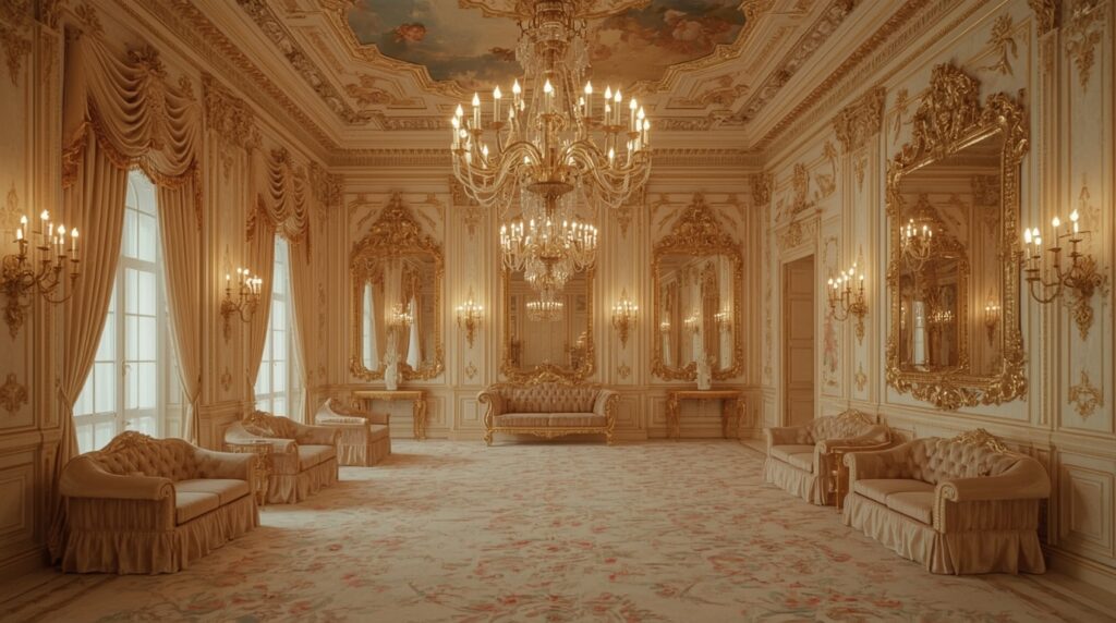 lucid realism high dynamic range HDR photography of Ultra realistic Pinterest style 18th centu 0 1 - Grand Boudoir Behind porcelain swirls and gilded mirrors, Rococo interiors rewrote Europe’s desires—turning drawing rooms into theatres of power, secrecy and seduction