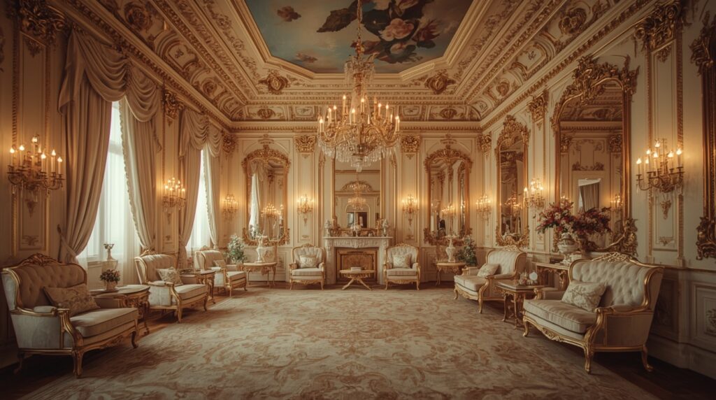 lucid realism high dynamic range HDR photography of Ultra realistic Pinterest style 18th centu 1 1 - Grand Boudoir Behind porcelain swirls and gilded mirrors, Rococo interiors rewrote Europe’s desires—turning drawing rooms into theatres of power, secrecy and seduction