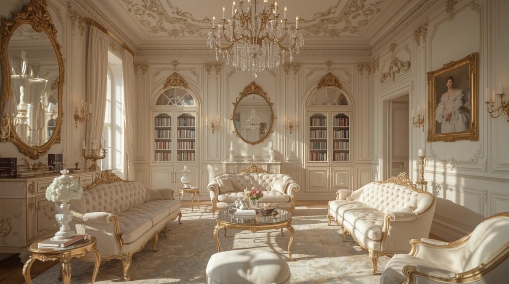 lucid realism high dynamic range HDR photography of Ultra realistic bright Pinterest style Roc 11 - Grand Boudoir Behind porcelain swirls and gilded mirrors, Rococo interiors rewrote Europe’s desires—turning drawing rooms into theatres of power, secrecy and seduction