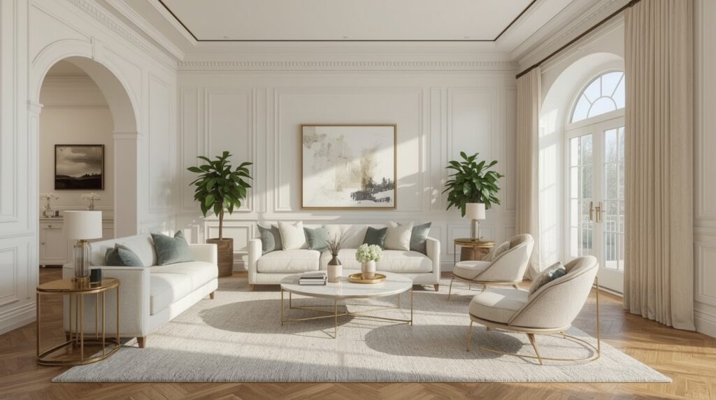 lucid realism high dynamic range HDR photography of Ultra realistic bright Pinterest style mod 1 - Grand Boudoir Modern classic interior design has become one of the most searched interior styles because it solves a problem many homeowners face: how to create spaces that feel elegant and expensive without becoming outdated after a few years.