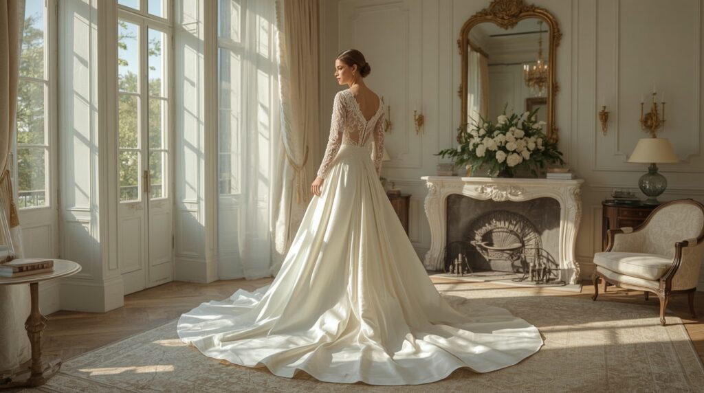 lucid realism professional photo of Ultra realistic Pinterest style bridal suite featuring a w 0 - Grand Boudoir Vintage couture wedding gowns brides regret not discovering