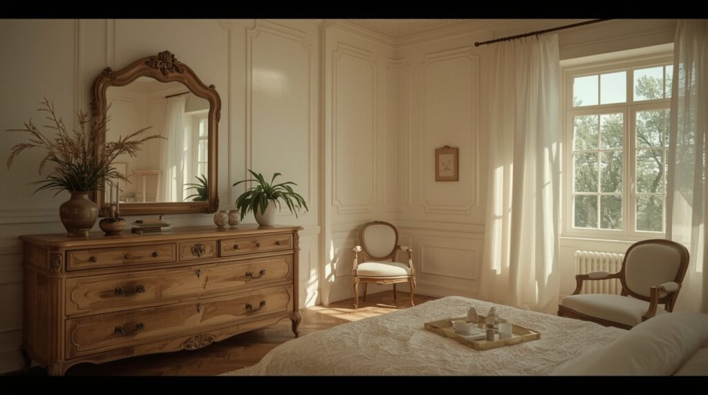 lucid realism retro style photography of ultra realistic French Provincial bedroom interior ru 0 - Grand Boudoir Identifying Antique Dresser Styles Collectors Don’t Want You To Know