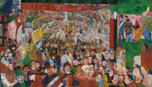 Christs Entry into Brussels in 1889 - Grand Boudoir James Ensor (1860–1949) is one of Belgium’s most original and provocative painters. Celebrated for his startling mixtures of the grotesque and the comic, Ensor created a singular visual language centered on masks, skeletons, and carnival motifs that challenged bourgeois norms and presaged major twentieth-century movements such as Expressionism and Surrealism. His work is notable for its bold use of color, fluid drawing, biting satire, and a dramatic synthesis of personal mythology with public critique. For collectors, curators, and historians of art and antiques, Ensor occupies a pivotal position: a late-19th-century outsider whose radical imagination came to be recognized, preserved, and avidly sought in the decades after World War I.