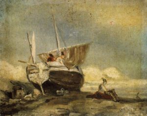 James Ensor Beached Sailing Boat with Figures - Grand Boudoir James Ensor (1860–1949) is one of Belgium’s most original and provocative painters. Celebrated for his startling mixtures of the grotesque and the comic, Ensor created a singular visual language centered on masks, skeletons, and carnival motifs that challenged bourgeois norms and presaged major twentieth-century movements such as Expressionism and Surrealism. His work is notable for its bold use of color, fluid drawing, biting satire, and a dramatic synthesis of personal mythology with public critique. For collectors, curators, and historians of art and antiques, Ensor occupies a pivotal position: a late-19th-century outsider whose radical imagination came to be recognized, preserved, and avidly sought in the decades after World War I.