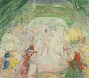 James Ensor Theatre of masks - Grand Boudoir James Ensor (1860–1949) is one of Belgium’s most original and provocative painters. Celebrated for his startling mixtures of the grotesque and the comic, Ensor created a singular visual language centered on masks, skeletons, and carnival motifs that challenged bourgeois norms and presaged major twentieth-century movements such as Expressionism and Surrealism. His work is notable for its bold use of color, fluid drawing, biting satire, and a dramatic synthesis of personal mythology with public critique. For collectors, curators, and historians of art and antiques, Ensor occupies a pivotal position: a late-19th-century outsider whose radical imagination came to be recognized, preserved, and avidly sought in the decades after World War I.