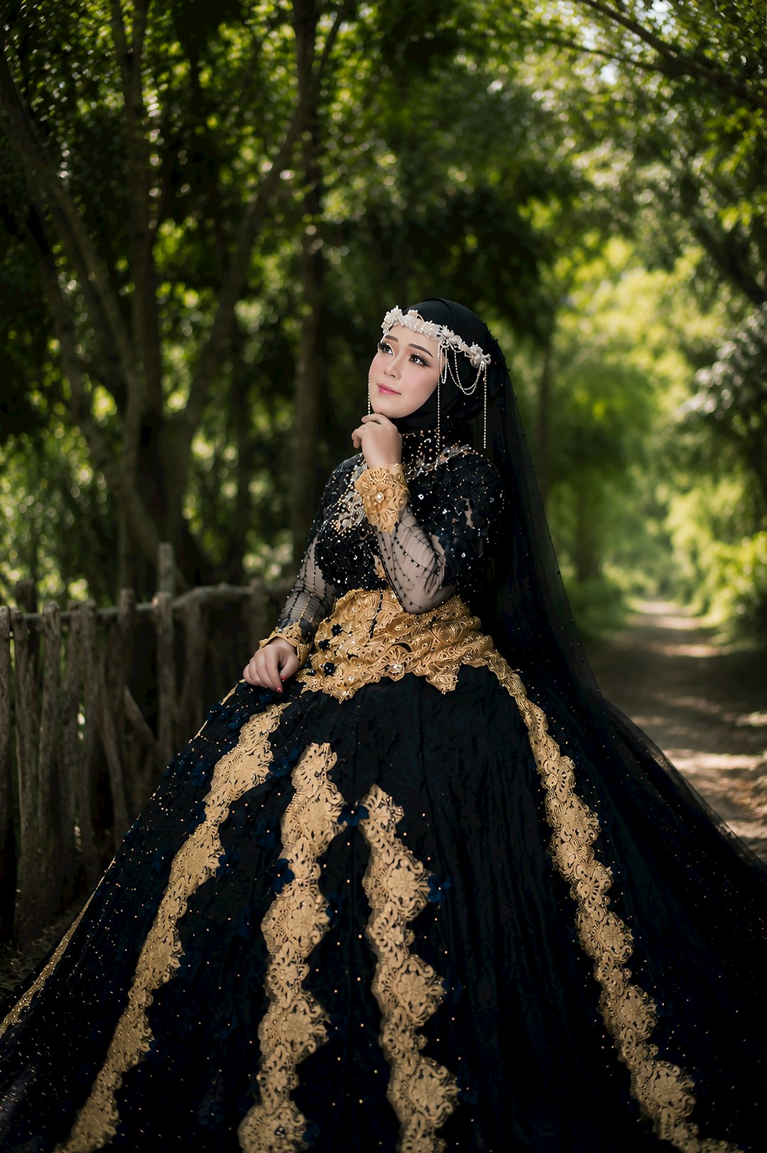 photo 1779506154823 4e8e19f8a9aa - Grand Boudoir Ultra-realistic luxury bridal fashion editorial featuring a breathtaking slightly plus-size bride wearing an extraordinary Victorian-inspired black gothic wedding gown with a perfectly sculpted corset bodice, intricate French lace, luxurious velvet panels, hand-embroidered floral appliqués, dramatic cathedral-length train and an elegant black lace veil. The bride dominates the frame with mesmerizing crystal-clear emerald eyes, perfectly defined irises, naturally long eyelashes, expressive eyebrows, luminous porcelain skin with realistic pores, soft natural blush, glossy lips and graceful facial symmetry.