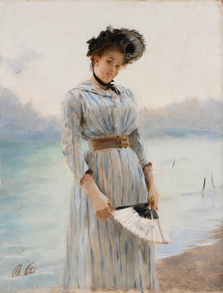 Woman with a fan unknown date by Giuseppe De Nittis - Grand Boudoir Delicate carvings, secret messages, and vanished elegance—discover how antique hand fans reveal the hidden stories of centuries past.