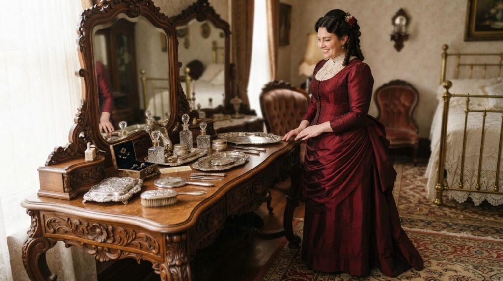 nano banana 2 lite professional photo of Ultra realistic full body portrait of a graceful slightly 0 - Grand Boudoir Discover the secrets of the Victorian vanity set—where ornate beauty, hidden compartments, and timeless ritual meet in one captivating relic.
