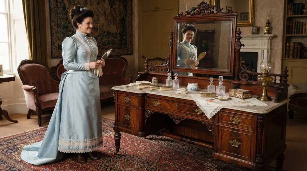 nano banana 2 lite professional photo of Ultra realistic full body portrait of an elegant slightly 0 2 - Grand Boudoir Victorian Vintage Vanity with Mirror: History, Craftsmanship and How to Choose One Today