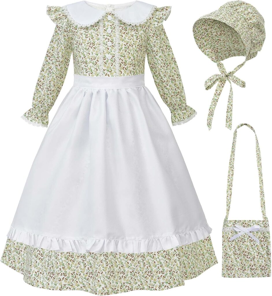  Girls Pioneer Costume Floral Colonial Prairie Dress With Bonnet