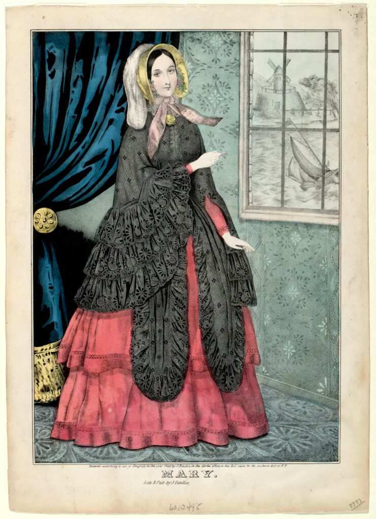 Woman in ornate dress with ruffled shawl stands by window.